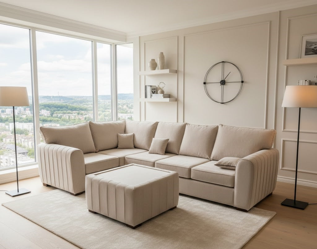 Nicoletti L Shape Sofa in Plush Velvet Fabric