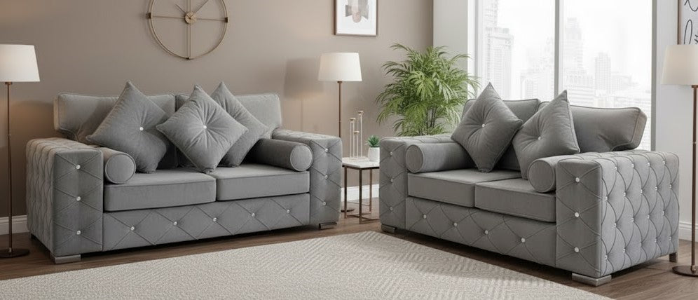 Silver Chesterfield Sofa Three Plus Two Seater