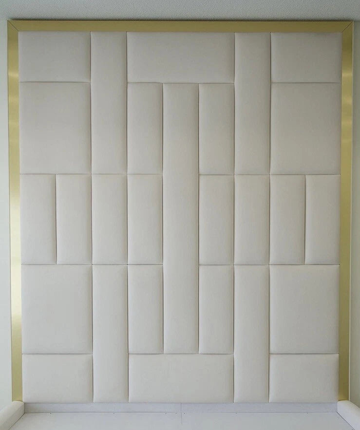 Celestial Bars Luxury Bed Frame In Cream Velvet Multi Panel With Gold Mirror Finish Inlays