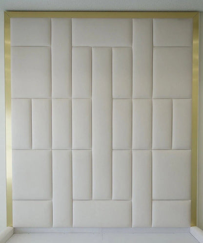 Celestial Bars Luxury Bed Frame In Cream Velvet Multi Panel With Gold Mirror Finish Inlays
