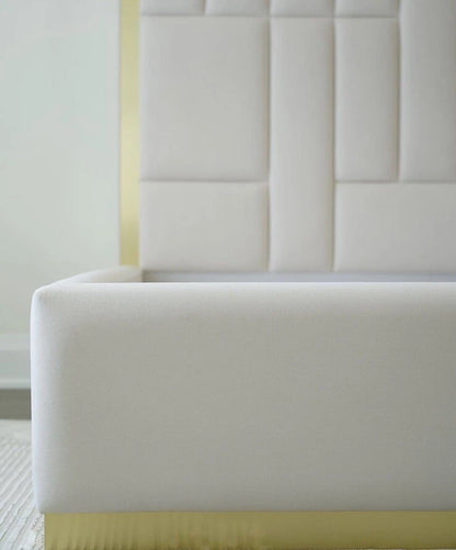 Celestial Bars Luxury Bed Frame In Cream Velvet Multi Panel With Gold Mirror Finish Inlays