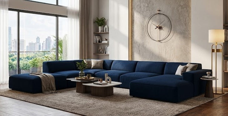 Panoramic Sofa in Plush Velvet Fabric with Left Side and Right Side Corner