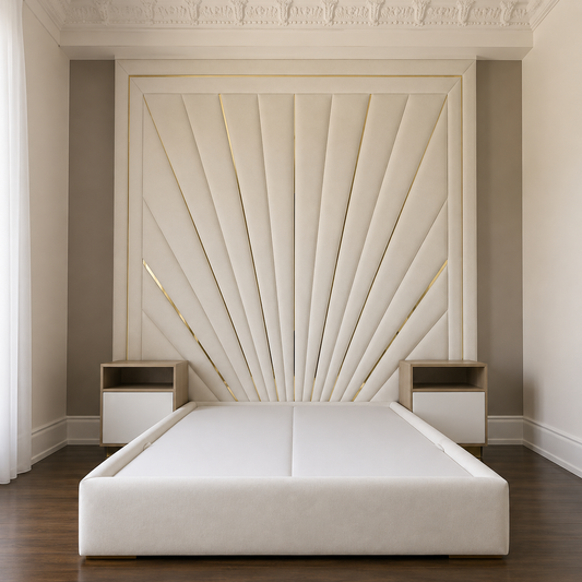 Gluco High Hedboard Bed in Sunshine Design With Golden Stripes