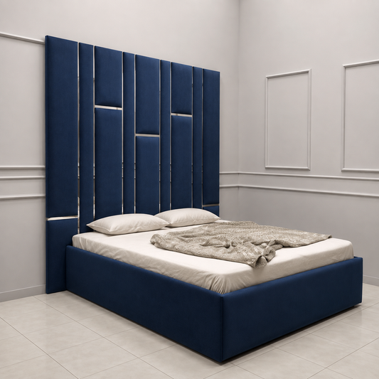Matrix Upholstered Bed With High Headboard with Golden Stripes