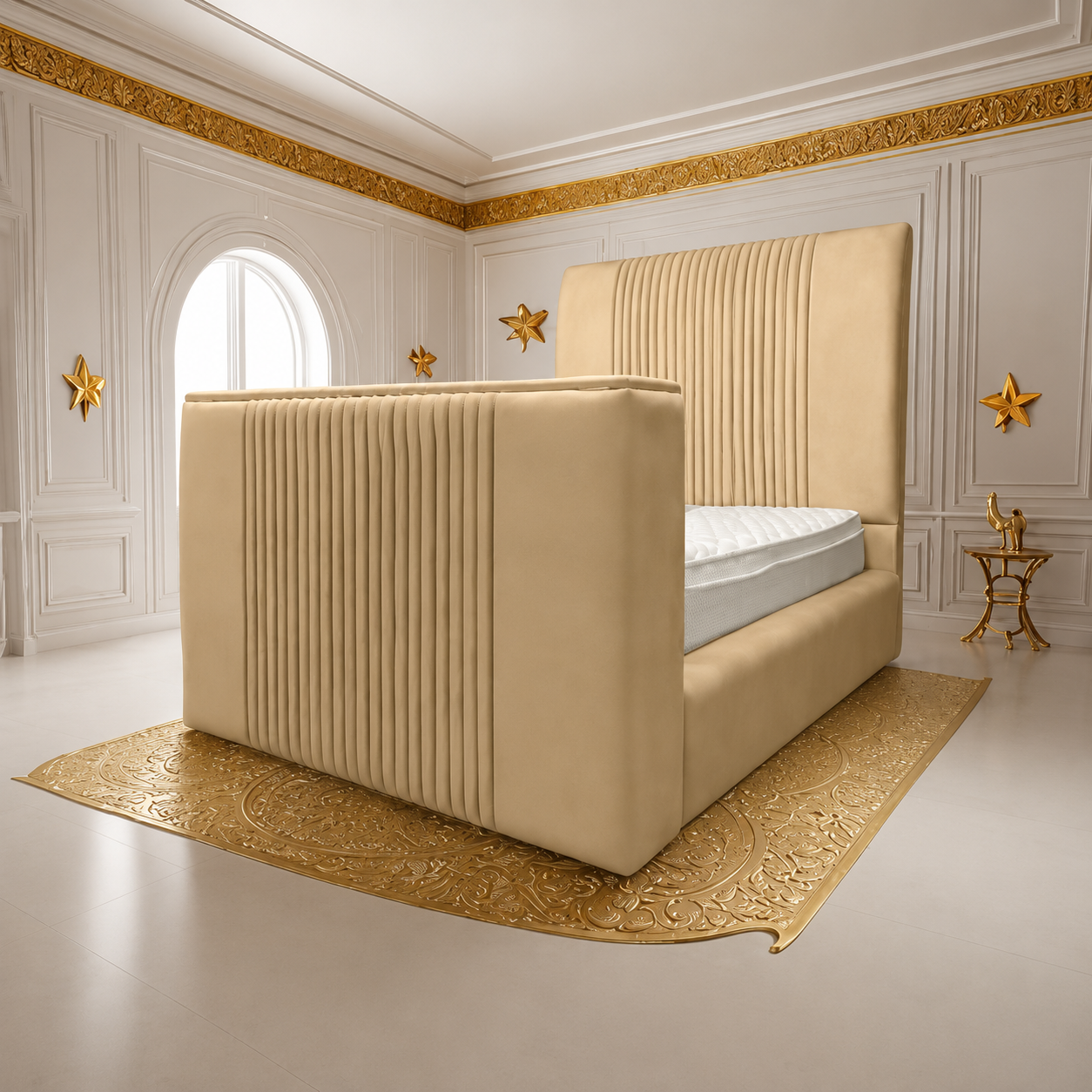 Genna Plush TV Bed Frame – Modern Upholstered Bed with TV Lift & Storage