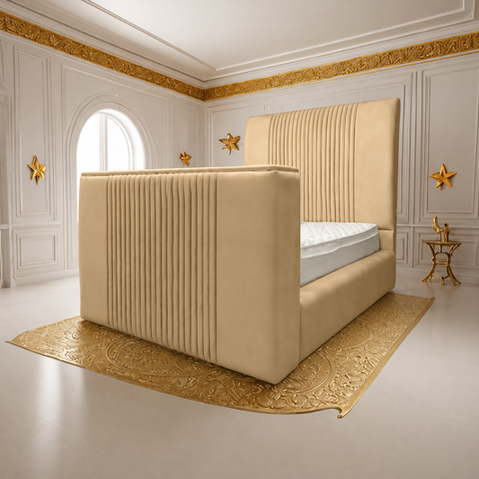 Genna Plush TV Bed Frame – Modern Upholstered Bed with TV Lift & Storage