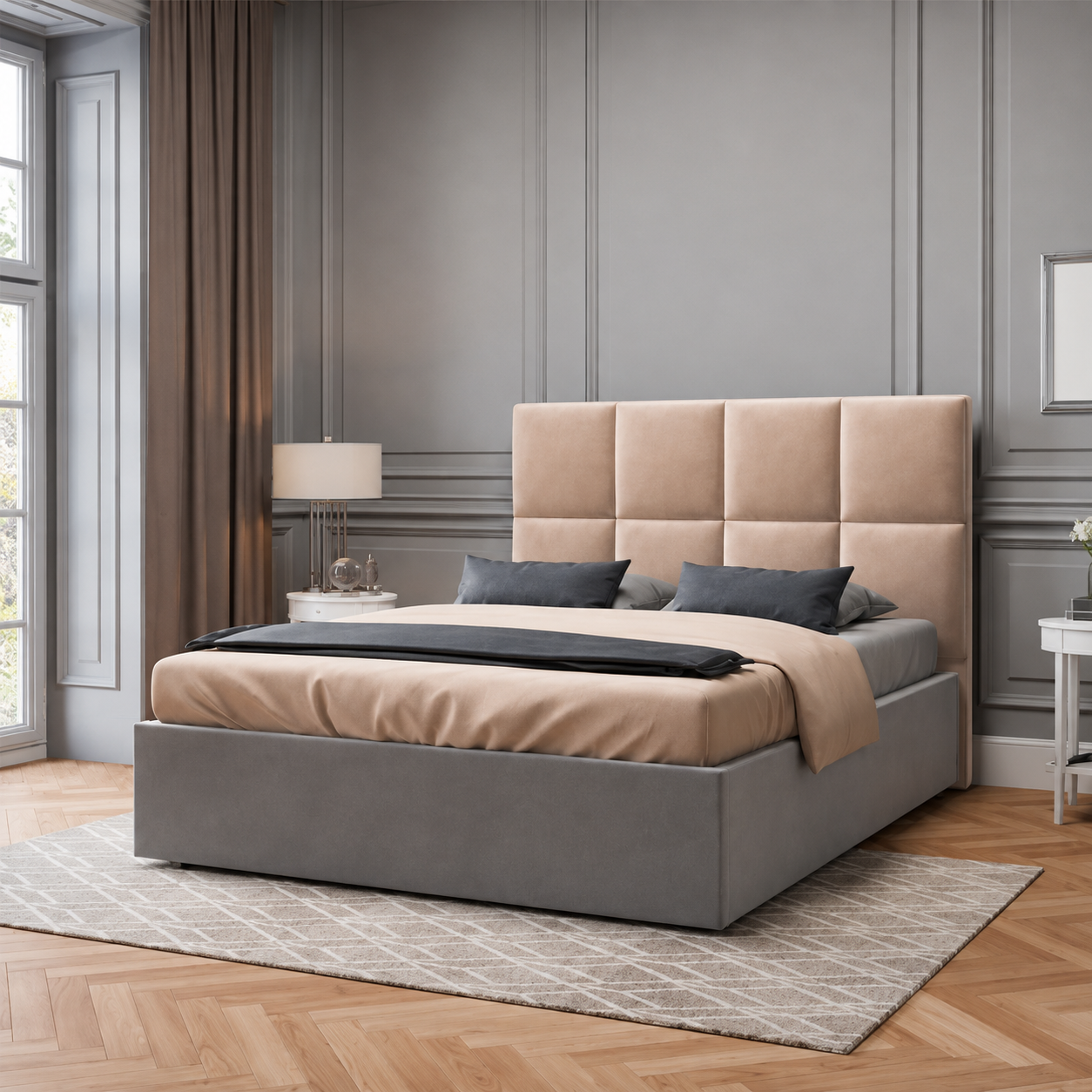 Atlanta Bed Frame – Square Headboard, Plush Velvet, Durable Wood