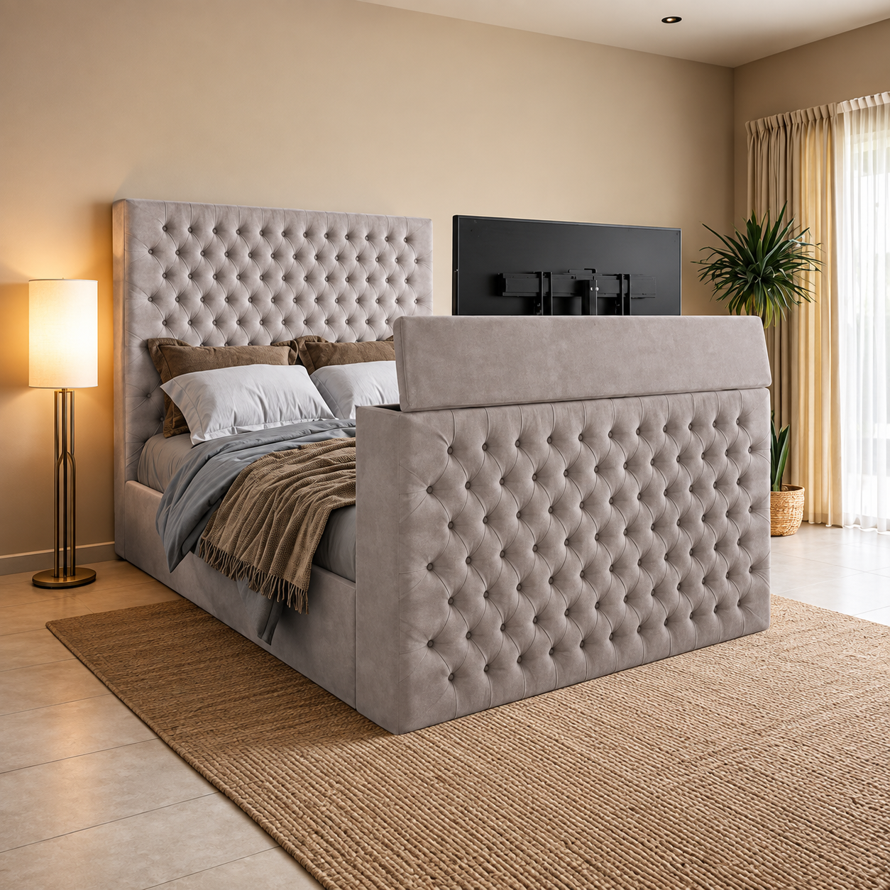 Upholstered Velvet TV Bed Frame with Lift System