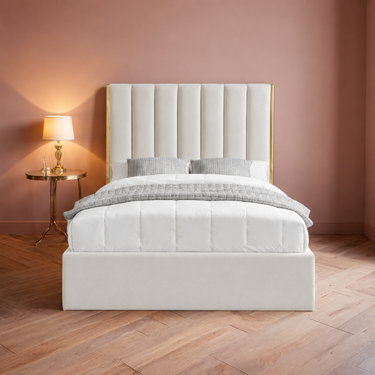 Aurora Fabric Bed with Gold Trim & Ottoman Storage
