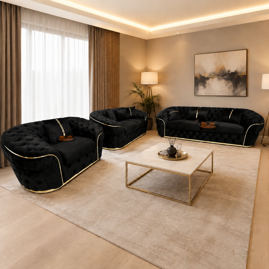 Annita Ambassador Sofa Set 3+2+1 in black velvet and gold accent detailing