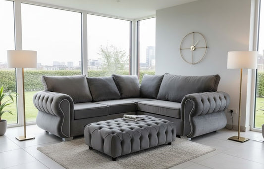 Rafter Chesterfield 5 Seater Corner Sofa with Coffee Table in Plush Velvet Fabric