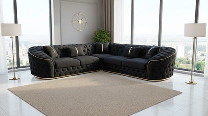 Raptor Ambassador Corner Sofa Black Velvet & Gold Detail
