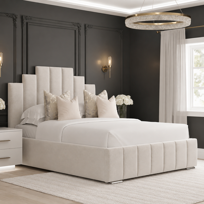 Crown Luxury Bed In Plush Velvet Fabric with Steps Panelled Headboard