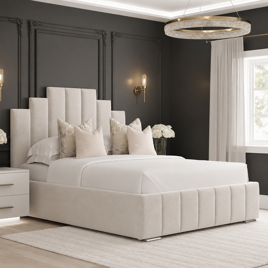 Crown Luxury Bed In Plush Velvet Fabric with Steps Panelled Headboard