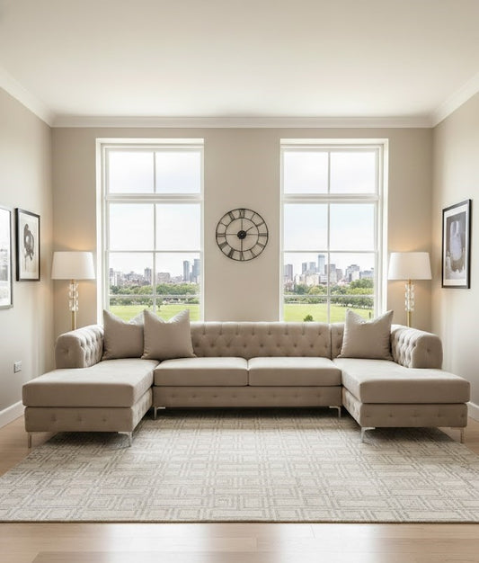 Cream Velvet U Shaped 6 Seater Corner Sofa Chesterfield Velvet Chaises