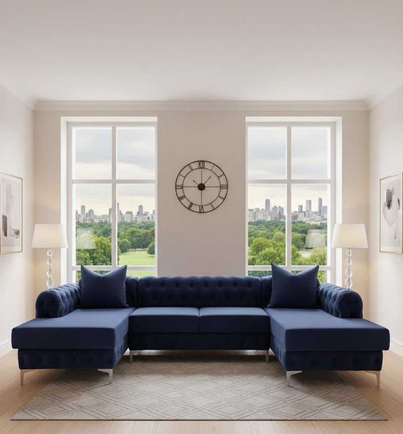 Royal Blue Velvet U Shaped 6 Seater Corner Sofa Chesterfield Velvet Chaise Couch