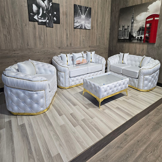 Stratford Chesterfield Design Full Set Sofa in White Plush Fabric