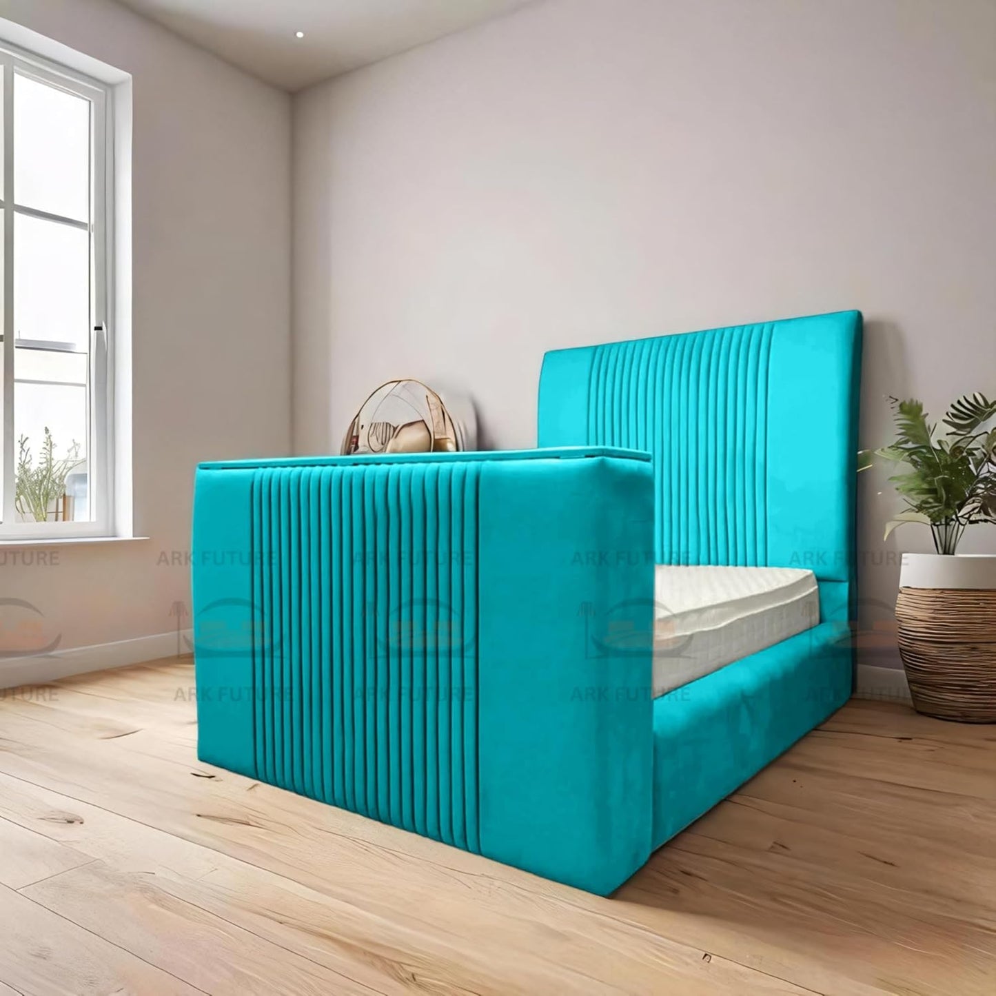 Genna Plush TV Bed Frame – Modern Upholstered Bed with TV Lift & Storage