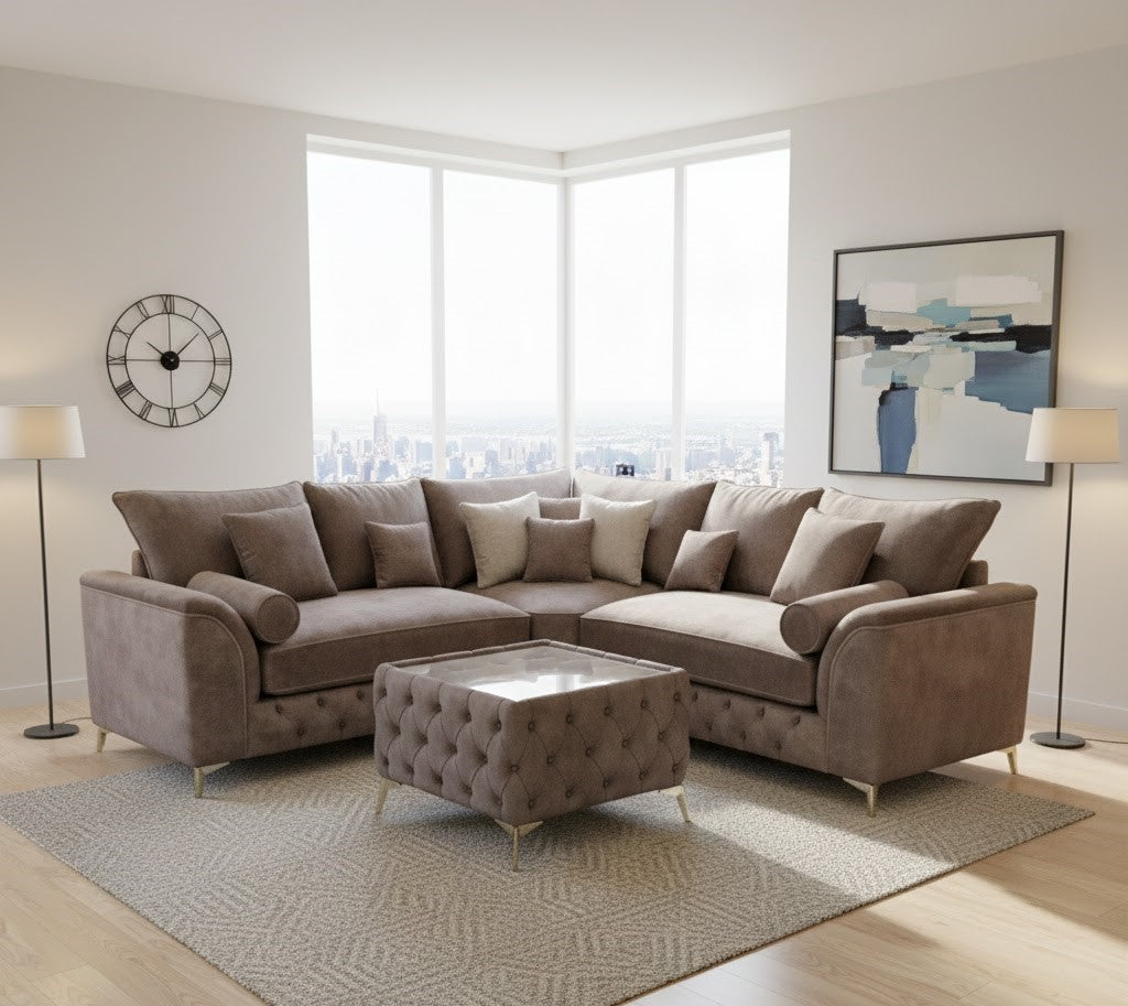 Trendy Chesterfield Corner Sofa with Coffee Table in Plush Velvet Fabric
