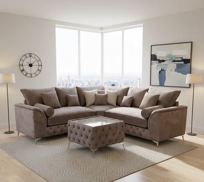 Trendy Chesterfield Corner Sofa with Coffee Table in Plush Velvet Fabric