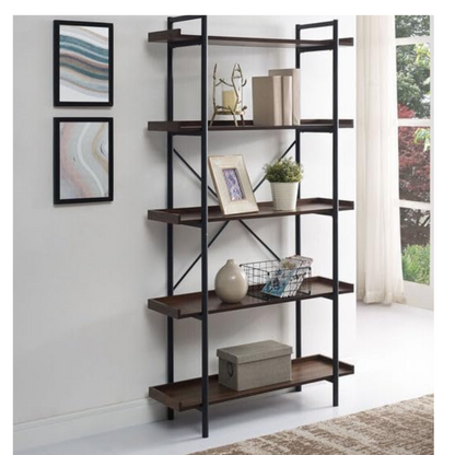 Industrial 5-Shelf Bookshelf, Rustic Wood & Black Metal Frame