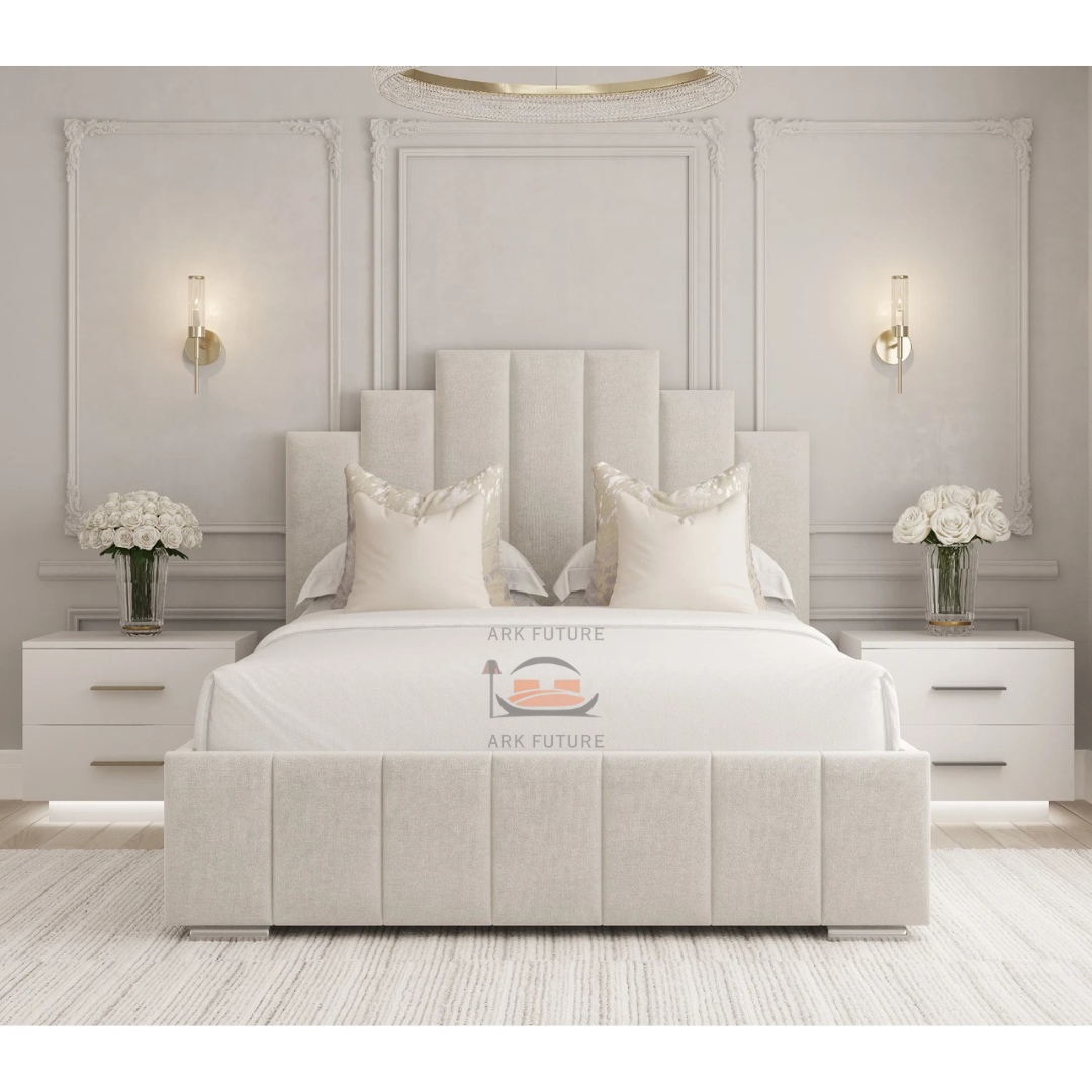 Crown Luxury Bed In Plush Velvet Fabric with Steps Panelled Headboard