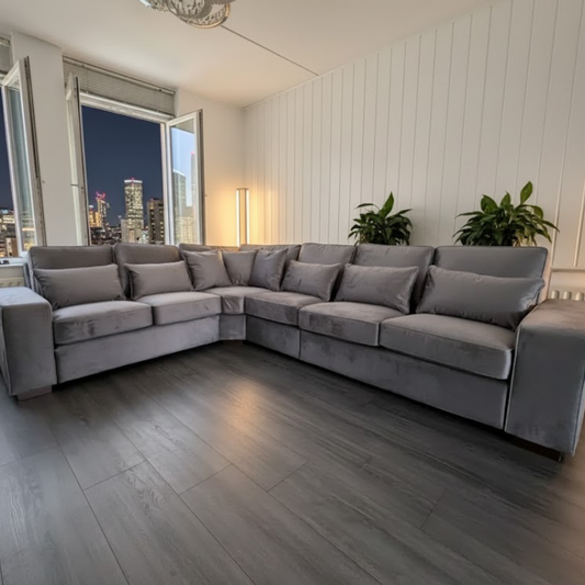 Opulent Oak Luxury Corner Sofa In Grey Plush Velvet Fabric