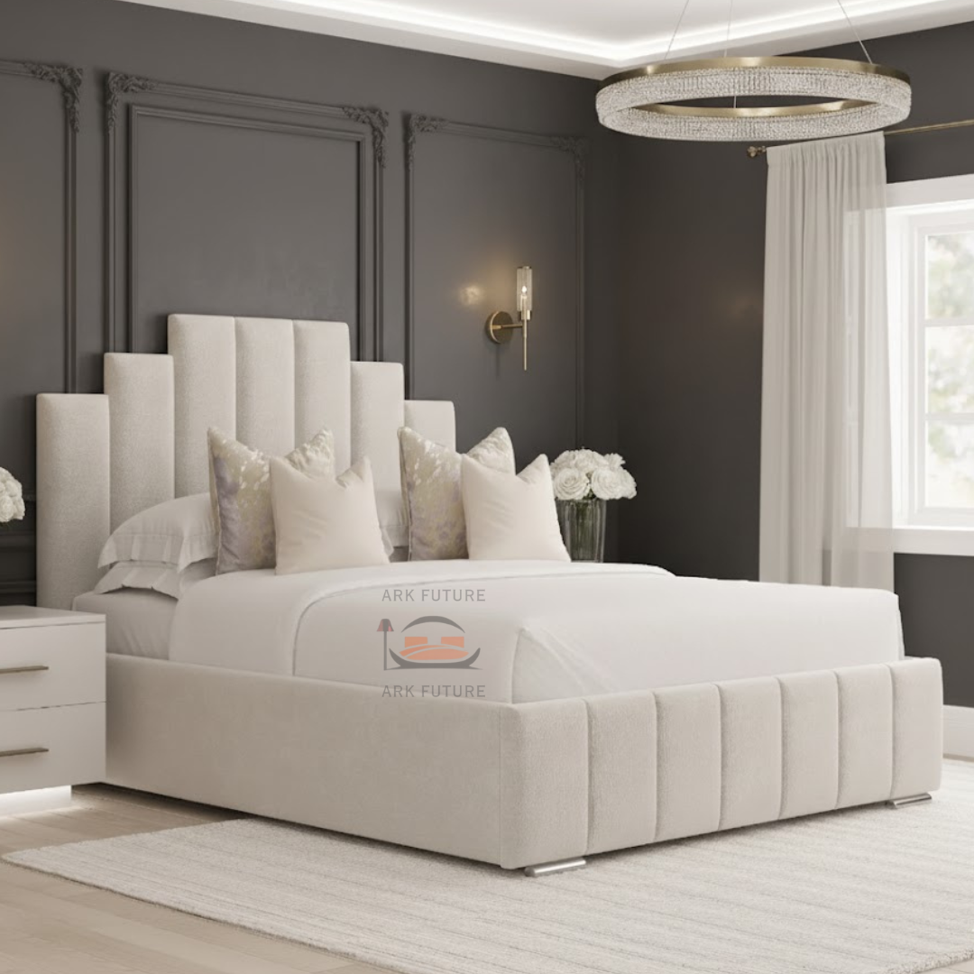 Crown Luxury Bed In Plush Velvet Fabric with Steps Panelled Headboard