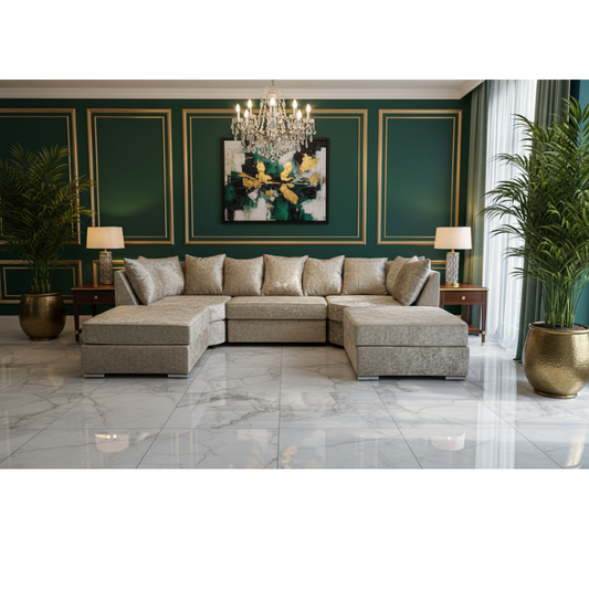 Modern U-Shape Sofa in Crushed Golden Velvet Fabric