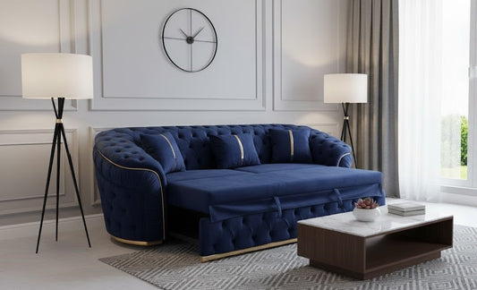 Oslo Ambassador 3 Seater Pull out Sofa Bed In Navy Blue & Gold