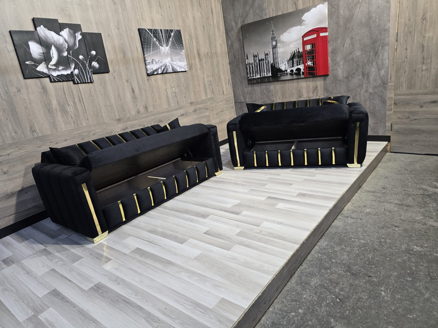 Turkish Sofa Bed Corner or 3+2 Seater Sofa Set Modern Black Velvet with Gold Trim