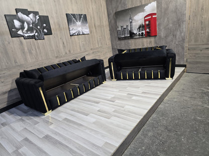 Turkish Sofa Bed Corner or 3+2 Seater Sofa Set Modern Black Velvet with Gold Trim