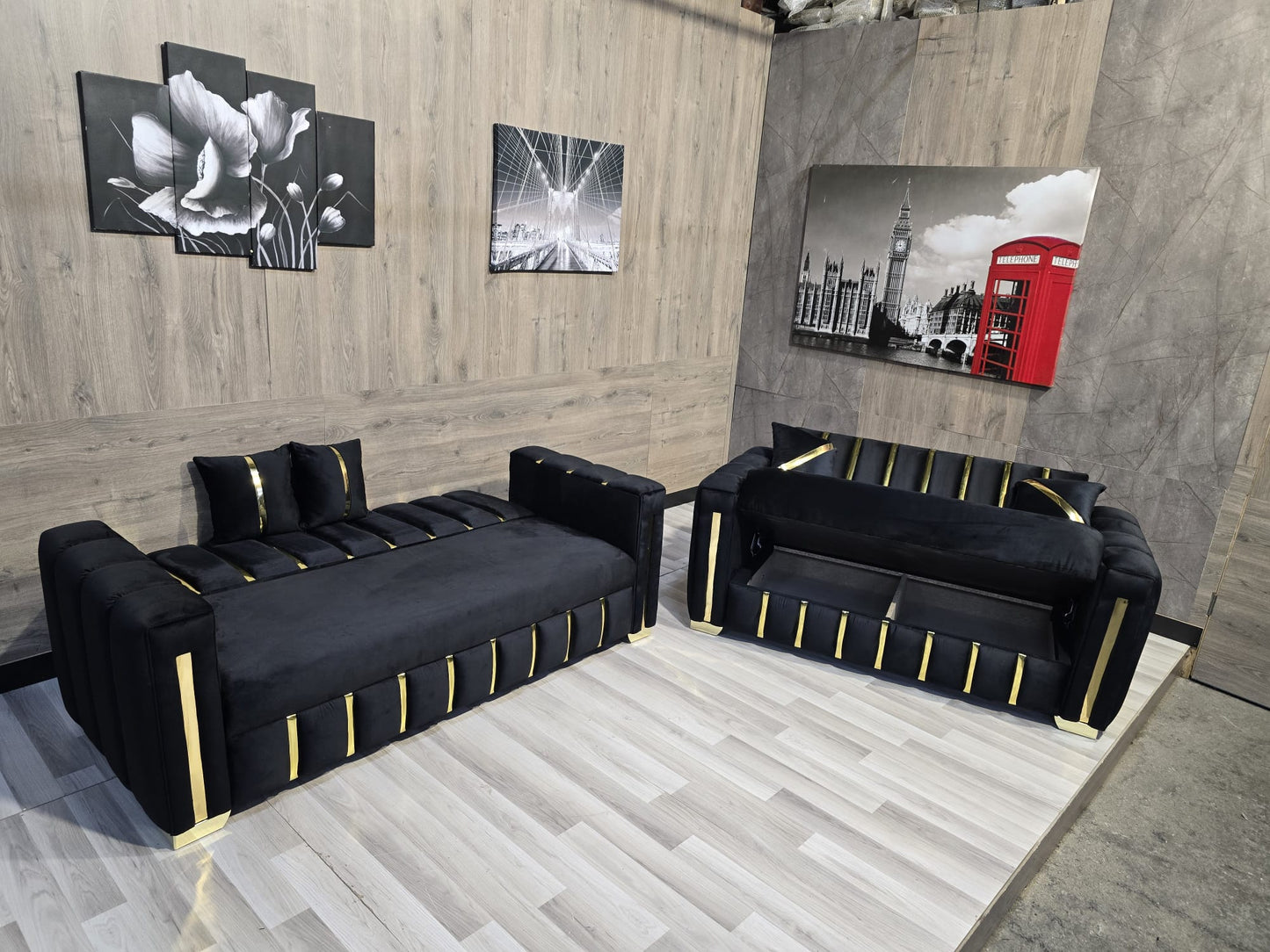 Turkish Sofa Bed Corner or 3+2 Seater Sofa Set Modern Black Velvet with Gold Trim