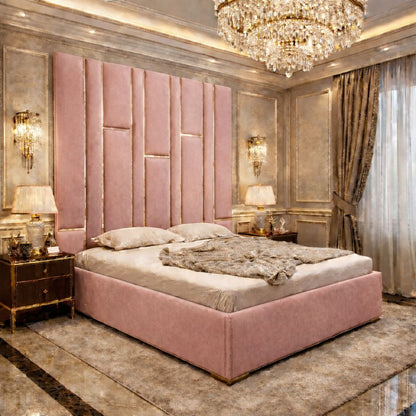 Matrix Upholstered Bed With High Headboard with Golden Stripes