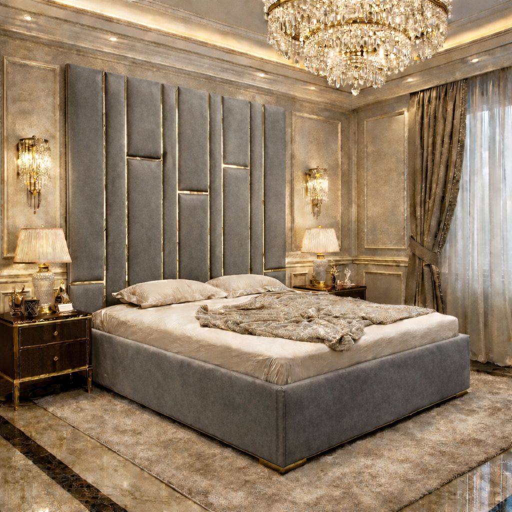 Matrix Upholstered Bed With High Headboard with Golden Stripes