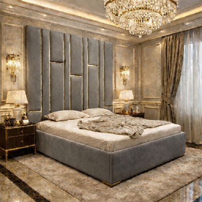 Matrix Upholstered Bed With High Headboard with Golden Stripes