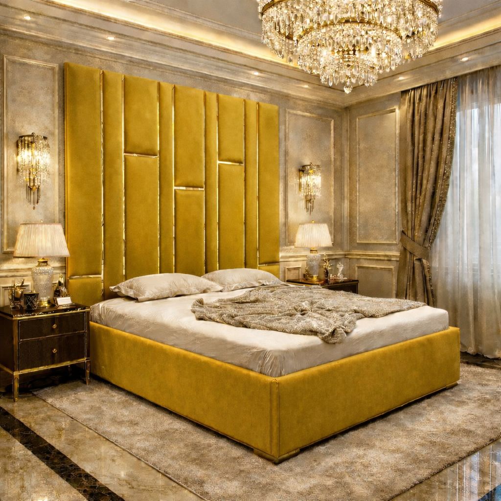 Matrix Upholstered Bed With High Headboard with Golden Stripes