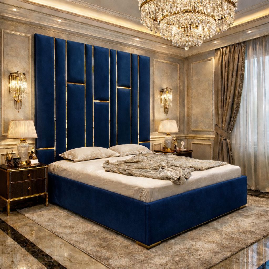 Matrix Upholstered Bed With High Headboard with Golden Stripes