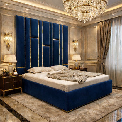 Matrix Upholstered Bed With High Headboard with Golden Stripes