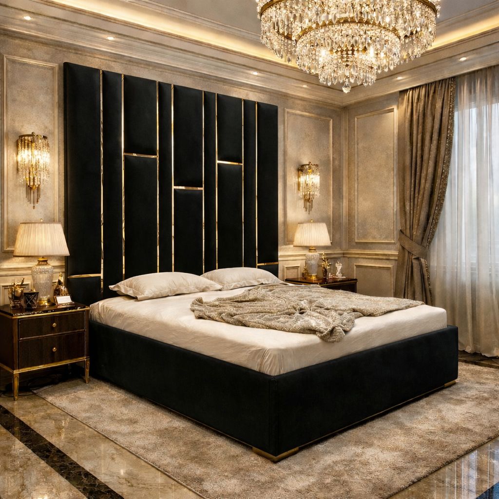 Matrix Upholstered Bed With High Headboard with Golden Stripes