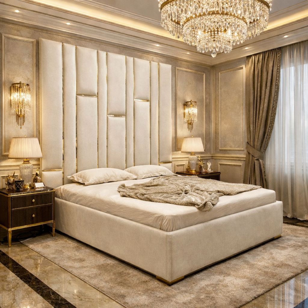 Matrix Upholstered Bed With High Headboard with Golden Stripes