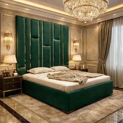 Matrix Upholstered Bed With High Headboard with Golden Stripes