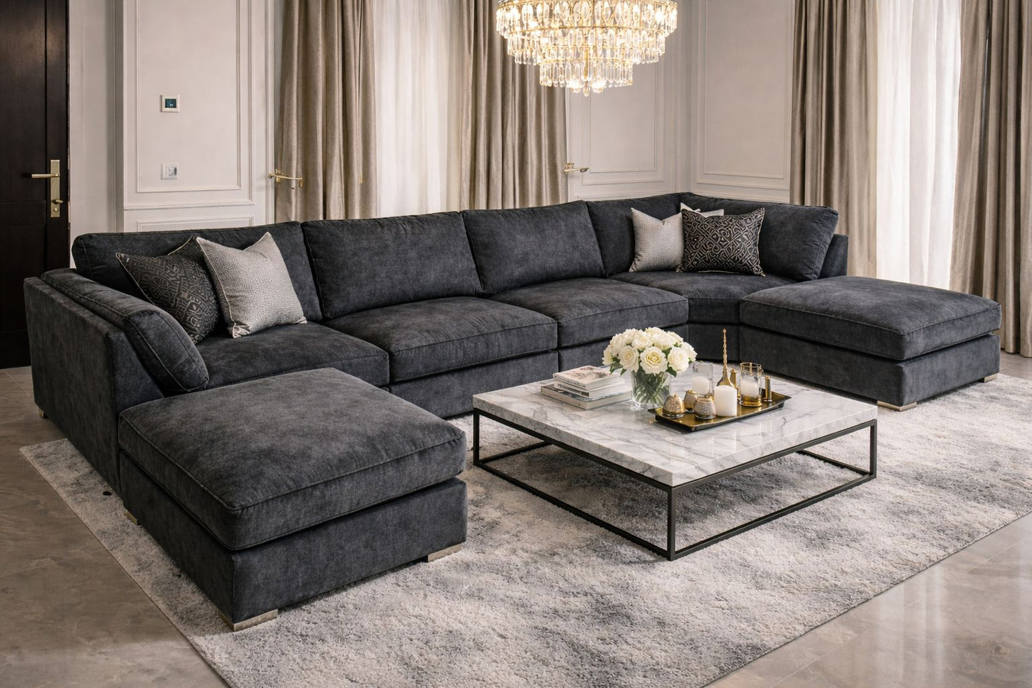 The Zephyr Couch U-Shaped Sofa In Plush Velvet Fabric