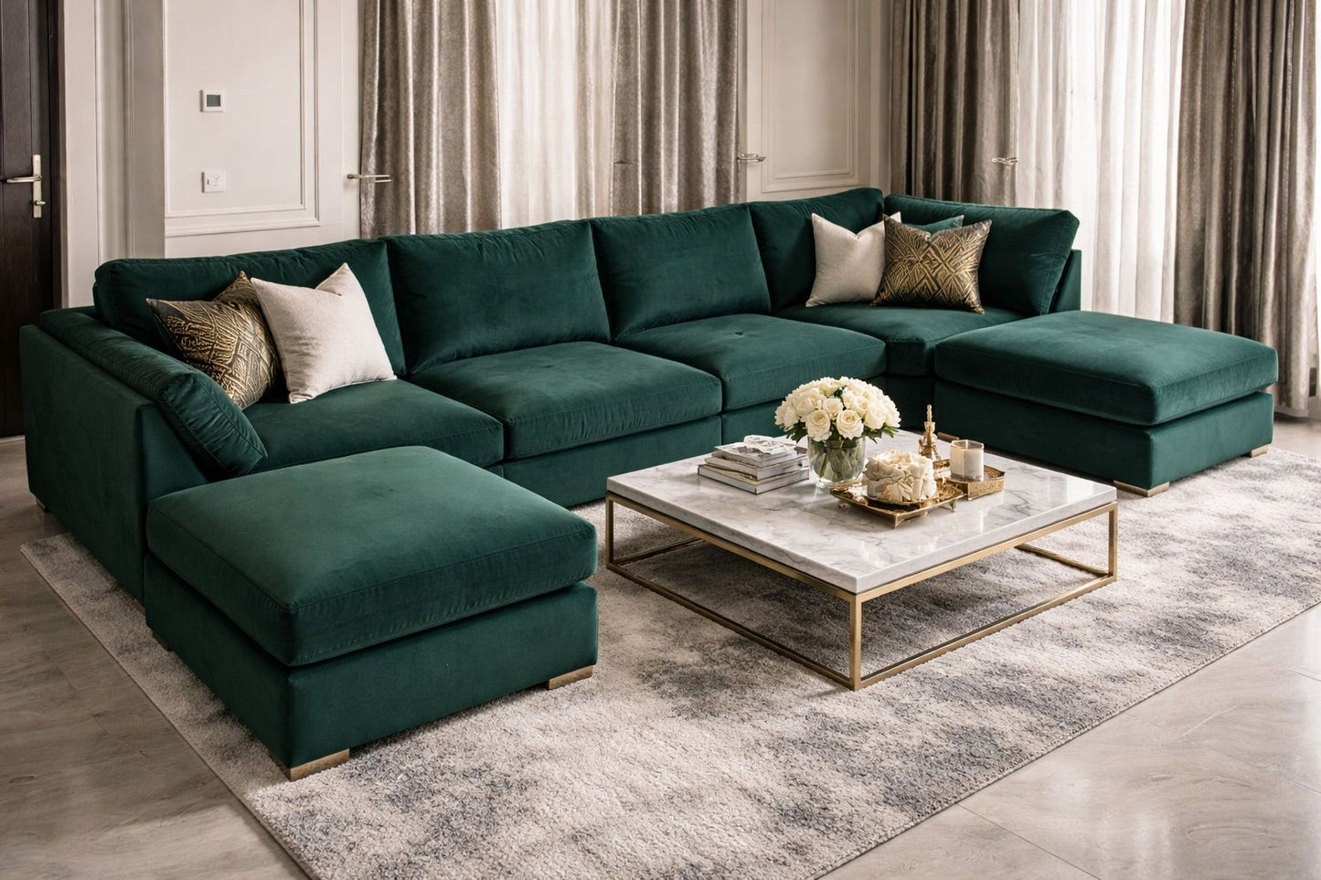 The Zephyr Couch U-Shaped Sofa In Plush Velvet Fabric