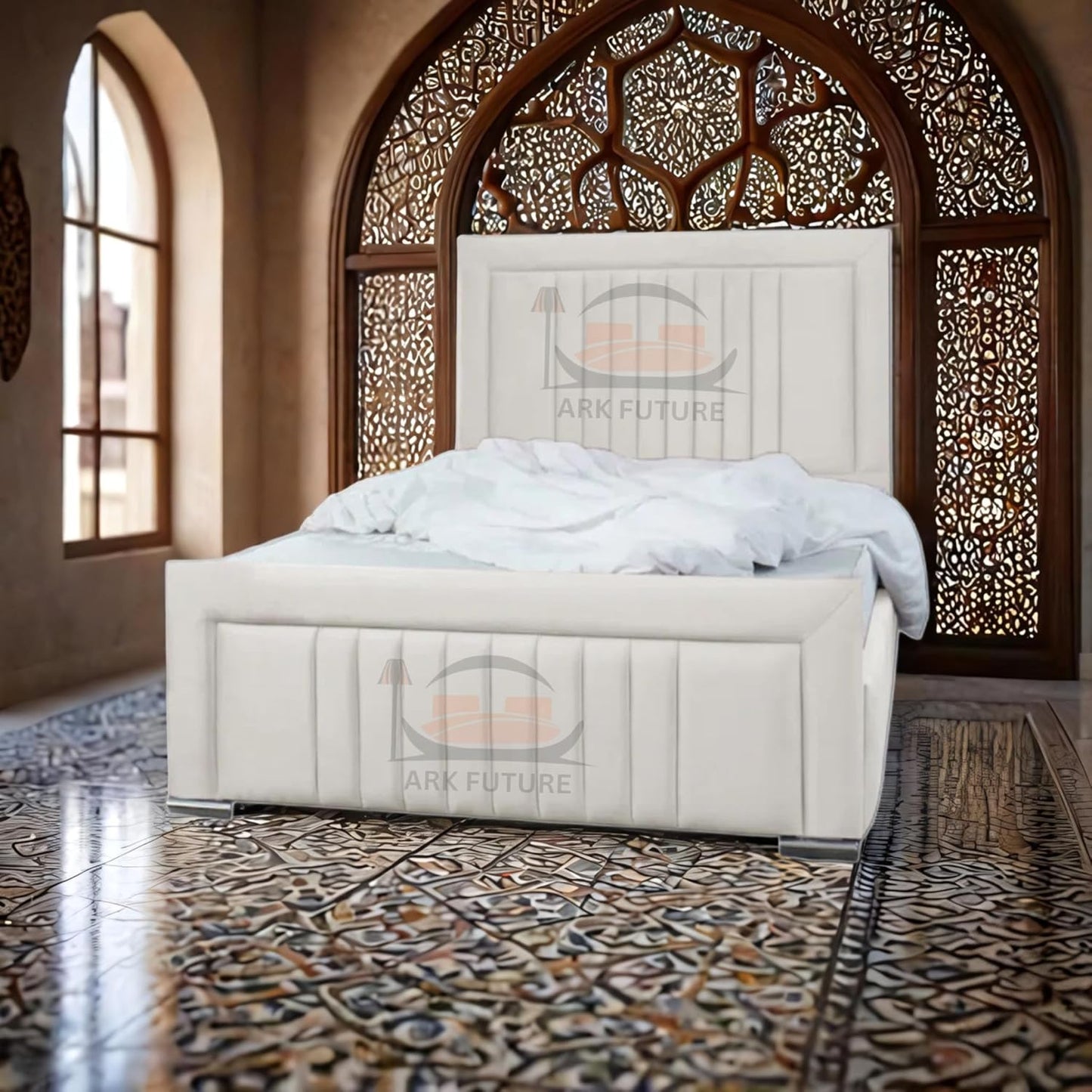 Dean Sand Upholstered Bed Frame – Modern Design, Sturdy Wood, Padded Headboard