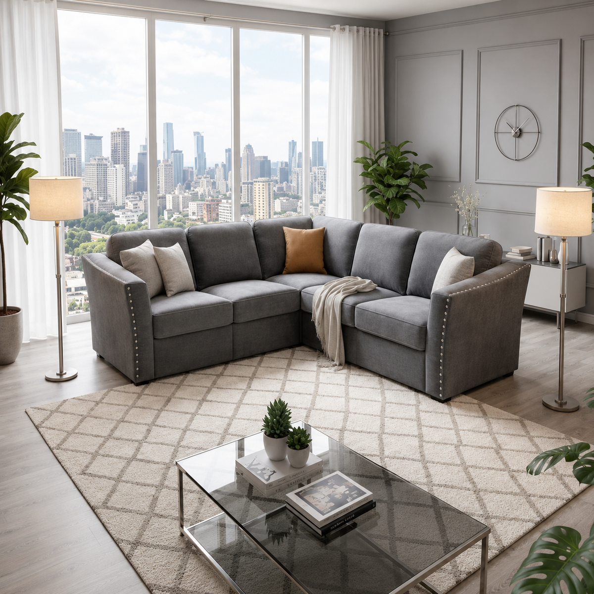 Lincoln 4-Piece Modular Corner Sofa, Velvet Upholstery, Spacious Seating.