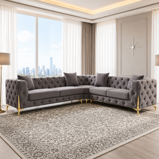 Miranda Italian Chesterfield L Shape Corner Sofa in Plush Velvet Fabric