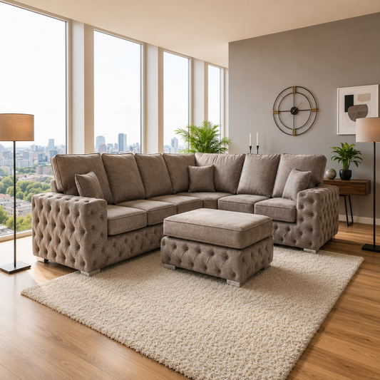 Ashton Chesterfield Corner Sofa – High Back Cushion L-Shaped Fabric Sofa with Matching Footstool