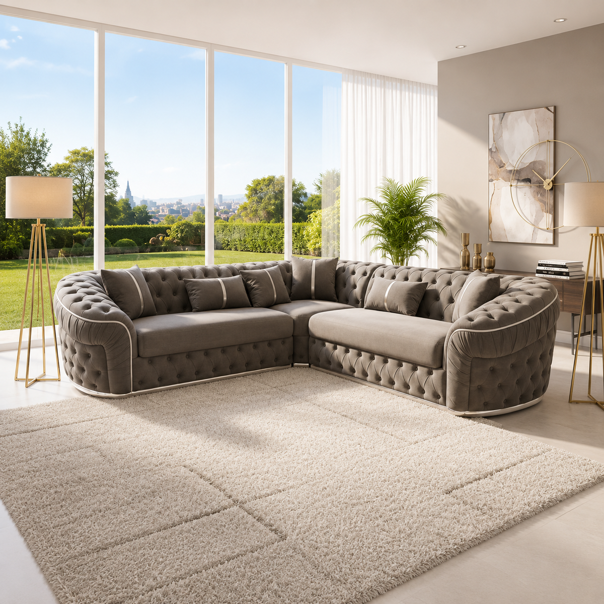 Stratum Ambassador L Shape Sofa in Plush Velvet Fabric