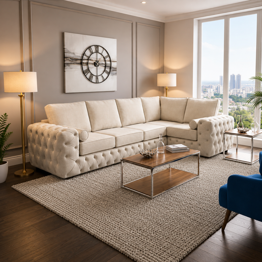 Lampy Chesterfield Corner Sofa High Cushions Plush Velvet L Shaped Sectional Sofa for Living Room